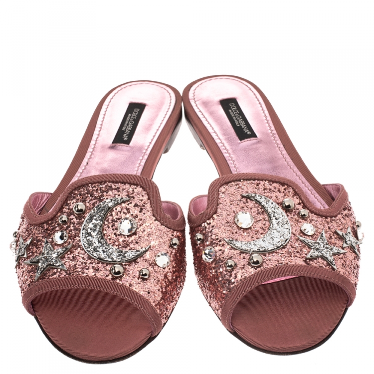 مملوكة مسبقًا Dolce & Gabbana Metallic Pink/Silver Coarse Glitter Moon And Star Sofia Slides Size 37.5