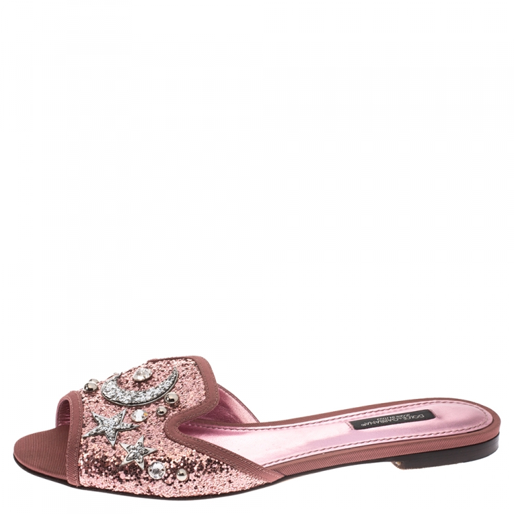 مملوكة مسبقًا Dolce & Gabbana Metallic Pink/Silver Coarse Glitter Moon And Star Sofia Slides Size 37.5
