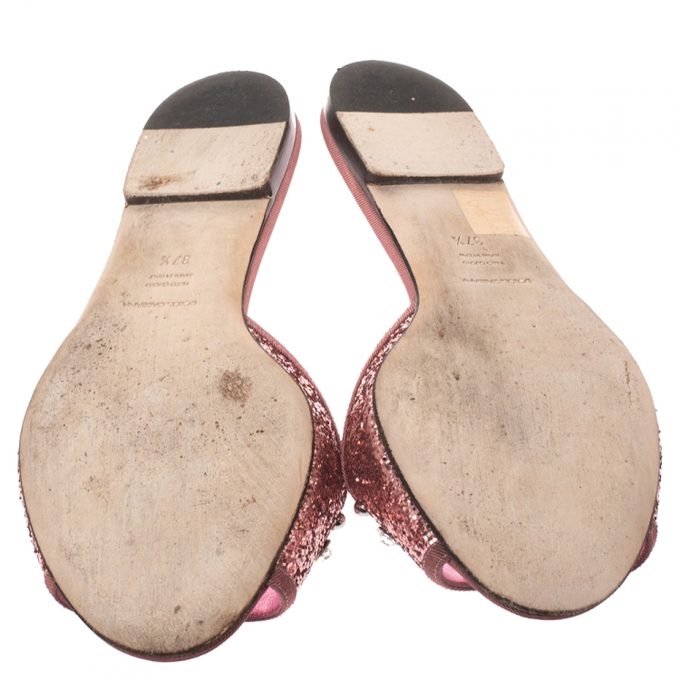 مملوكة مسبقًا Dolce & Gabbana Metallic Pink/Silver Coarse Glitter Moon And Star Sofia Slides Size 37.5