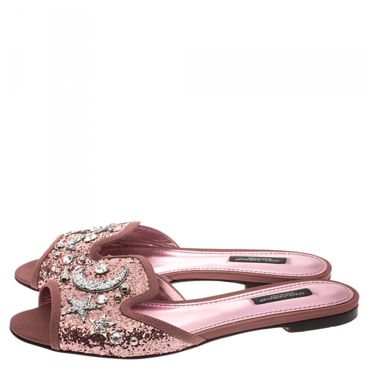 مملوكة مسبقًا Dolce & Gabbana Metallic Pink/Silver Coarse Glitter Moon And Star Sofia Slides Size 37.5