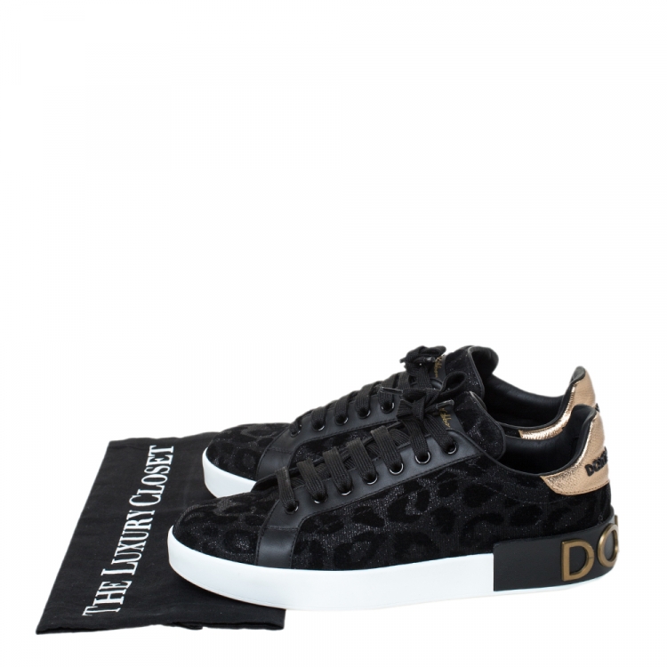 Pre Owned Dolce & Gabbana Black Leopard Print Fabric And Leather Portofino Low Top Sneakers Size 38.5