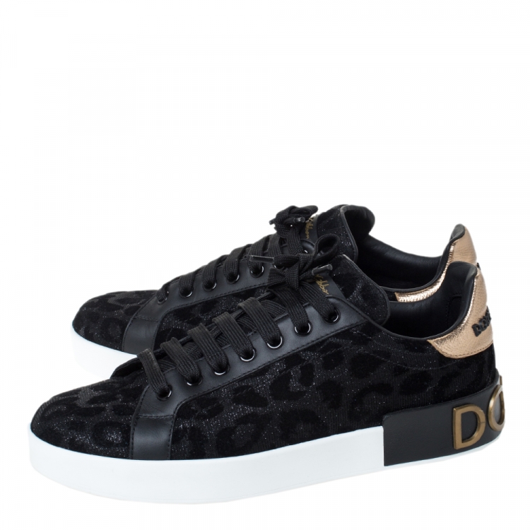 Pre Owned Dolce & Gabbana Black Leopard Print Fabric And Leather Portofino Low Top Sneakers Size 38.5