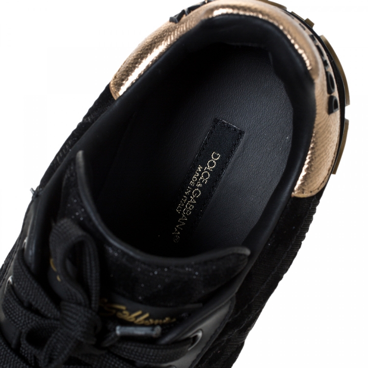 Pre Owned Dolce & Gabbana Black Leopard Print Fabric And Leather Portofino Low Top Sneakers Size 38.5
