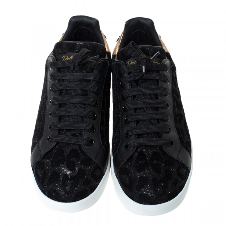 Pre Owned Dolce & Gabbana Black Leopard Print Fabric And Leather Portofino Low Top Sneakers Size 38.5