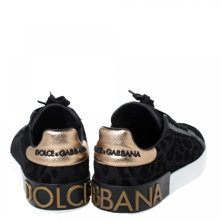 Pre Owned Dolce & Gabbana Black Leopard Print Fabric And Leather Portofino Low Top Sneakers Size 38.5