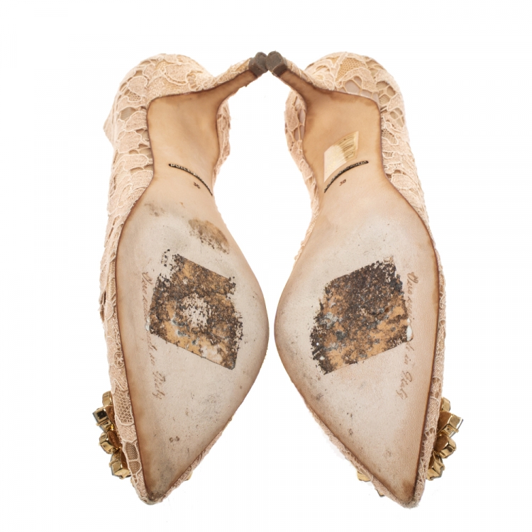 Pre Owned Dolce & Gabbana Beige Lace Bellucci Crystal Embellished Pointed Toe Pumps Size 38