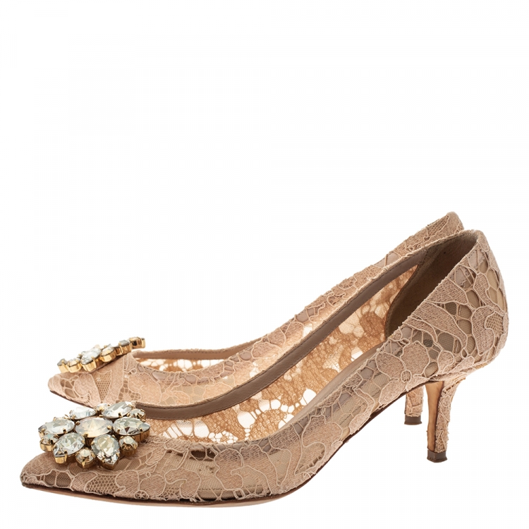 Pre Owned Dolce & Gabbana Beige Lace Bellucci Crystal Embellished Pointed Toe Pumps Size 38