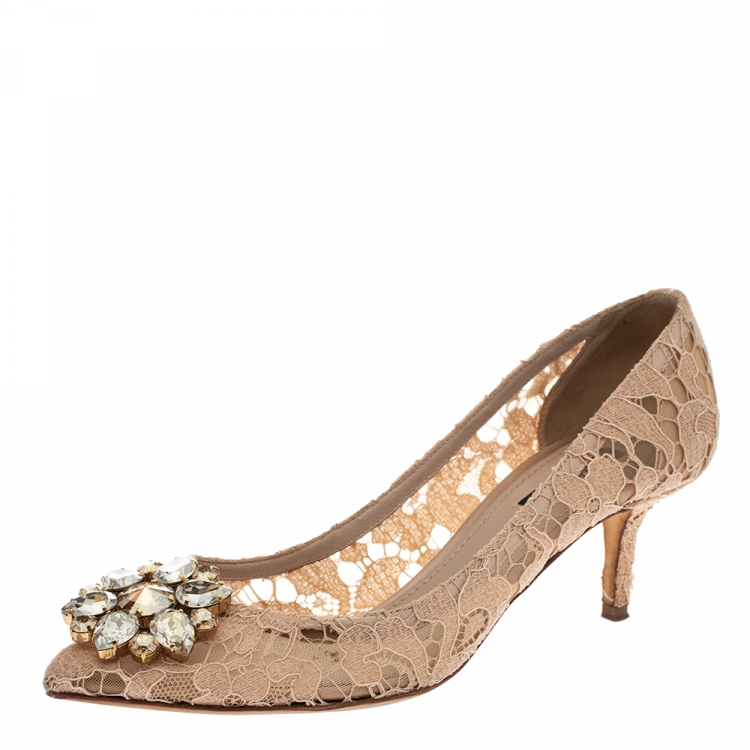 Pre Owned Dolce & Gabbana Beige Lace Bellucci Crystal Embellished Pointed Toe Pumps Size 38