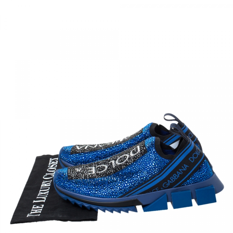 Pre Owned Dolce & Gabbana Blue Fabric Crystal Embellished Sorrento Slip On Sneakers Size 41