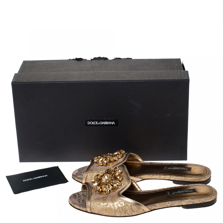 Pre Owned Dolce & Gabbana Metallic Gold Brocade Fabric Sofia Crystal Embellished Flat Slides Size 36