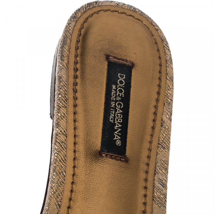 Pre Owned Dolce & Gabbana Metallic Gold Brocade Fabric Sofia Crystal Embellished Flat Slides Size 36