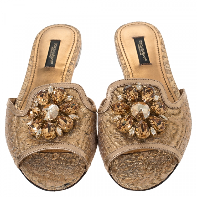 Pre Owned Dolce & Gabbana Metallic Gold Brocade Fabric Sofia Crystal Embellished Flat Slides Size 36