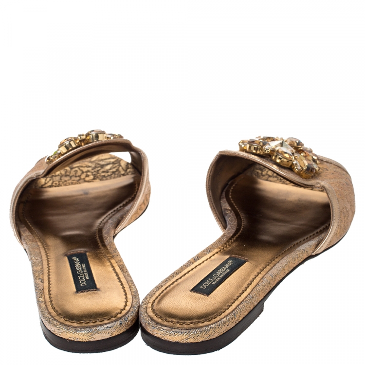 Pre Owned Dolce & Gabbana Metallic Gold Brocade Fabric Sofia Crystal Embellished Flat Slides Size 36