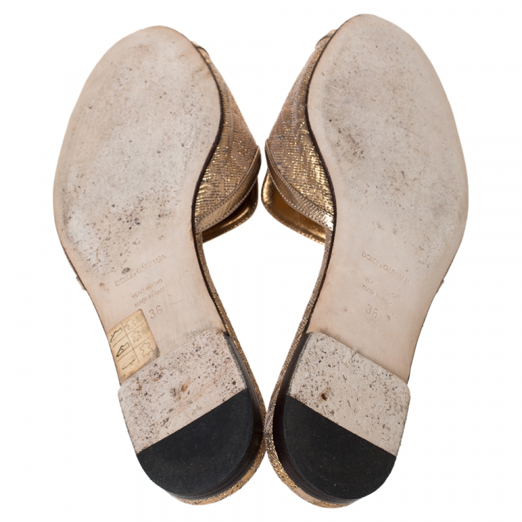 Pre Owned Dolce & Gabbana Metallic Gold Brocade Fabric Sofia Crystal Embellished Flat Slides Size 36