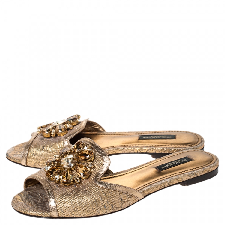 Pre Owned Dolce & Gabbana Metallic Gold Brocade Fabric Sofia Crystal Embellished Flat Slides Size 36