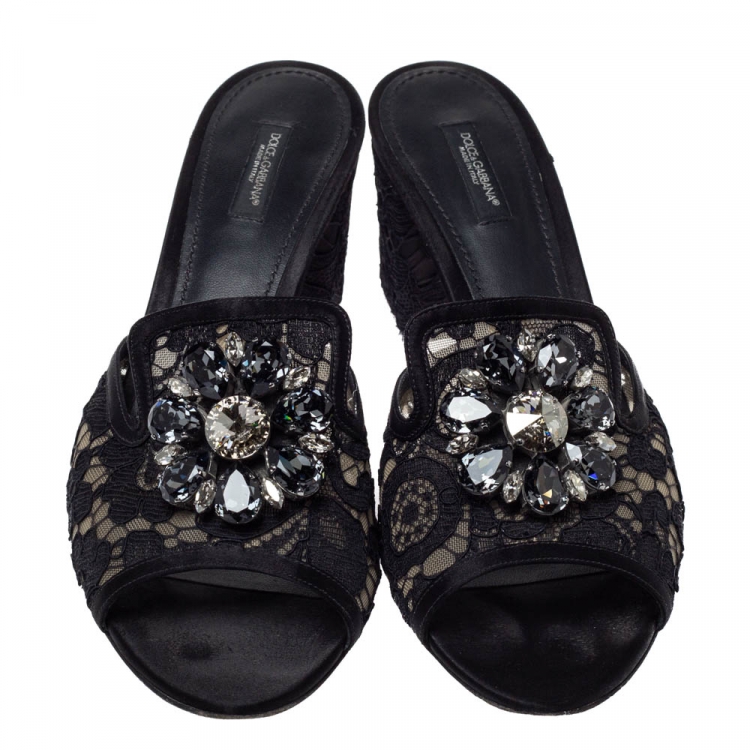 Pre Owned Dolce and Gabbana Black Lace Bianca Open Toe Sandals 41