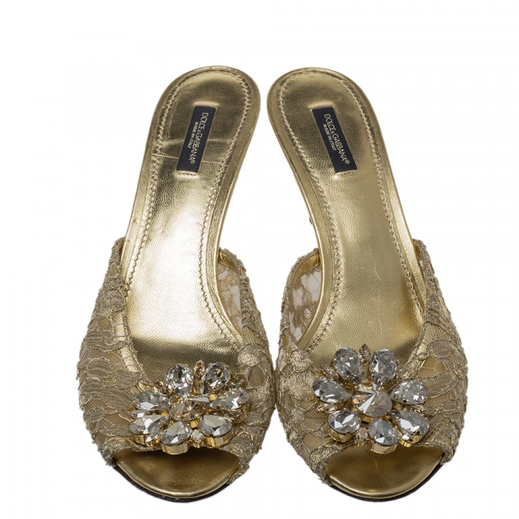 Pre Owned Dolce & Gabbana Metallic Gold Lace And Leather Crystal Embellished Slide Sandals Size 40