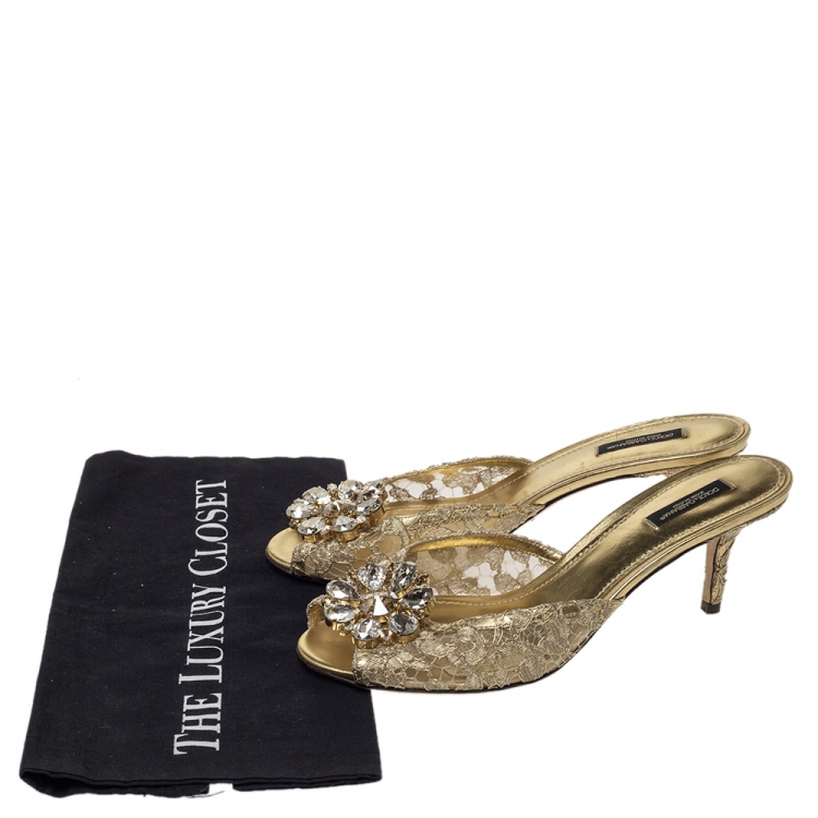 Pre Owned Dolce & Gabbana Metallic Gold Lace And Leather Crystal Embellished Slide Sandals Size 40
