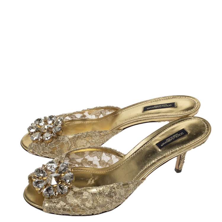 Pre Owned Dolce & Gabbana Metallic Gold Lace And Leather Crystal Embellished Slide Sandals Size 40