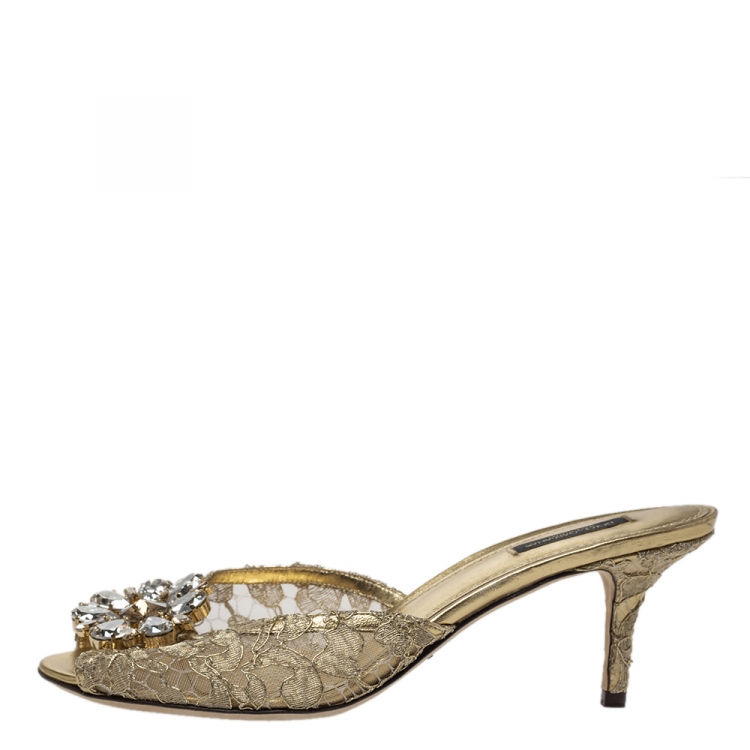 Pre Owned Dolce & Gabbana Metallic Gold Lace And Leather Crystal Embellished Slide Sandals Size 40
