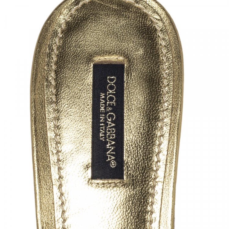 Pre Owned Dolce & Gabbana Metallic Gold Lace And Leather Crystal Embellished Slide Sandals Size 40