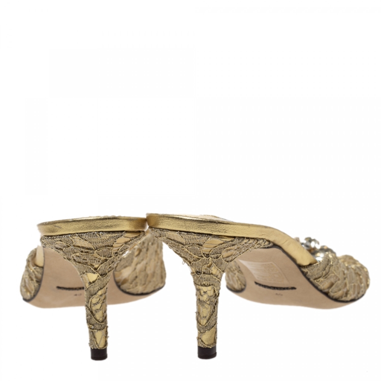 Pre Owned Dolce & Gabbana Metallic Gold Lace And Leather Crystal Embellished Slide Sandals Size 40