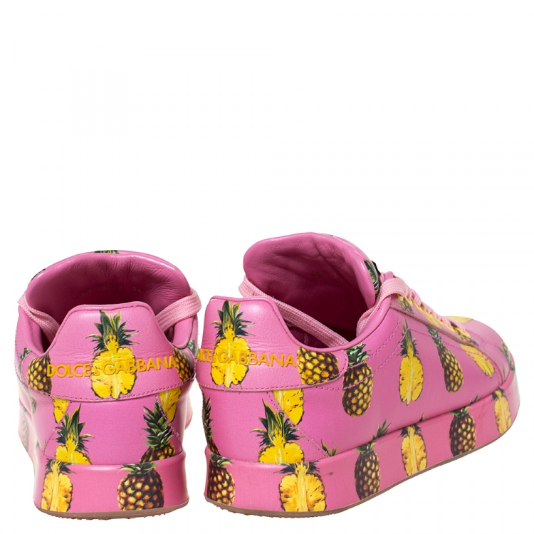 Pre Owned Dolce and Gabbana Pink Leather Pineapple Print Low Top Sneakers Size 38