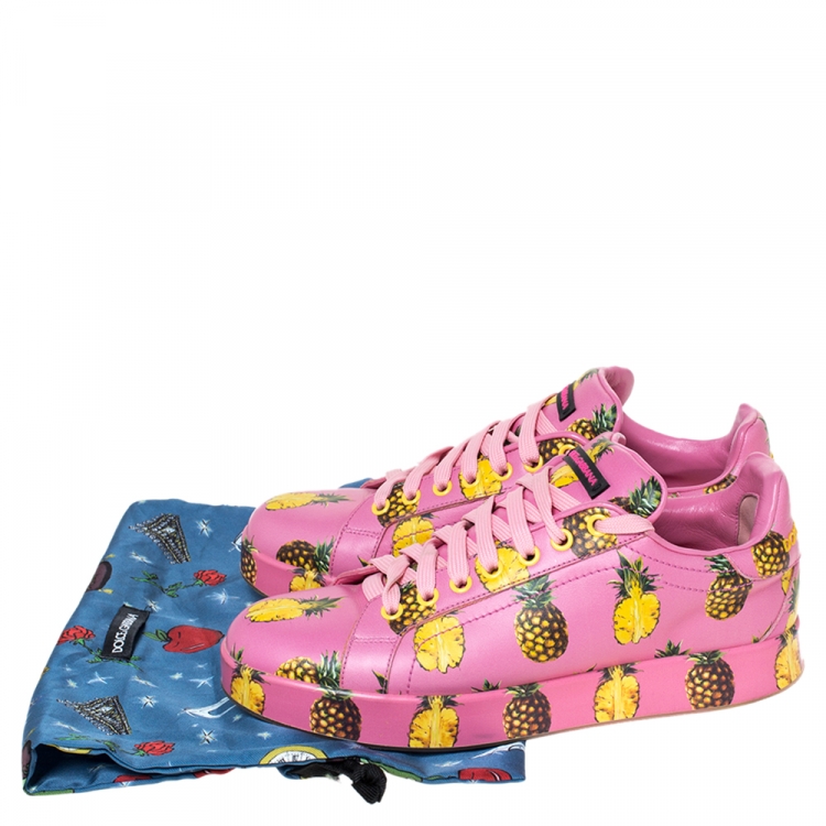 Pre Owned Dolce and Gabbana Pink Leather Pineapple Print Low Top Sneakers Size 38