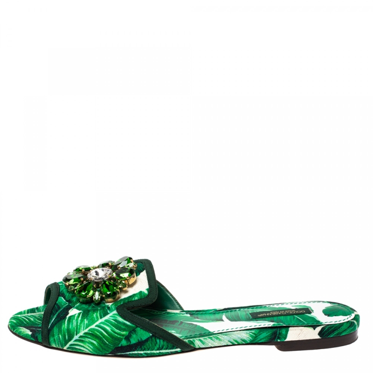 Pre Owned Dolce & Gabbana Green/White Banana Leaf-Print Fabric Crystal Embellished Flat Sandals Size 38
