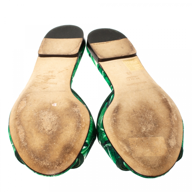 Pre Owned Dolce & Gabbana Green/White Banana Leaf-Print Fabric Crystal Embellished Flat Sandals Size 38