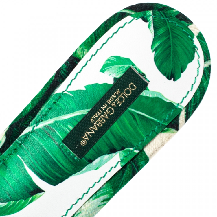 Pre Owned Dolce & Gabbana Green/White Banana Leaf-Print Fabric Crystal Embellished Flat Sandals Size 38