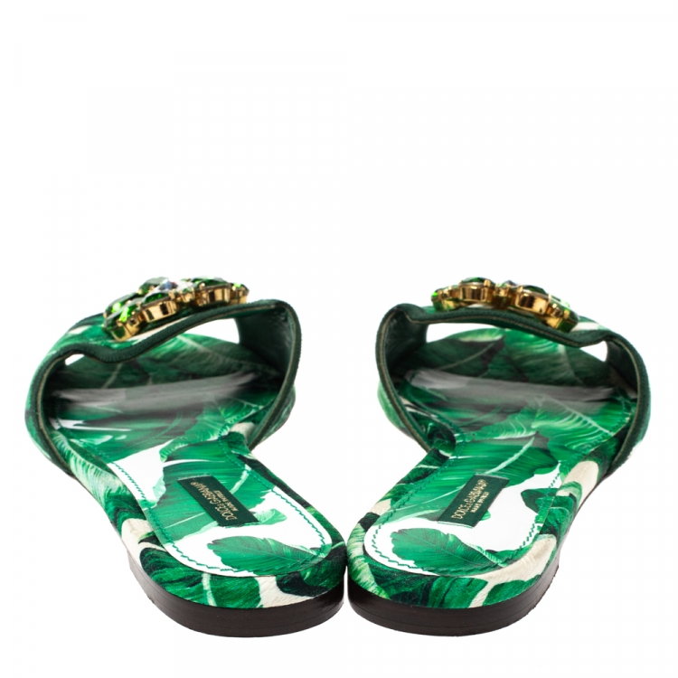 Pre Owned Dolce & Gabbana Green/White Banana Leaf-Print Fabric Crystal Embellished Flat Sandals Size 38