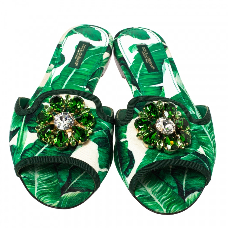 Pre Owned Dolce & Gabbana Green/White Banana Leaf-Print Fabric Crystal Embellished Flat Sandals Size 38