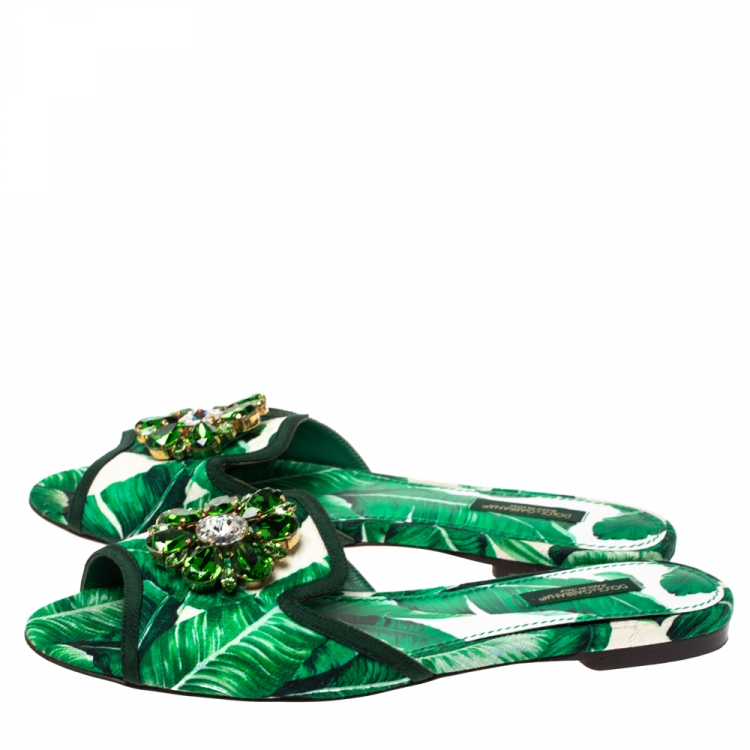 Pre Owned Dolce & Gabbana Green/White Banana Leaf-Print Fabric Crystal Embellished Flat Sandals Size 38