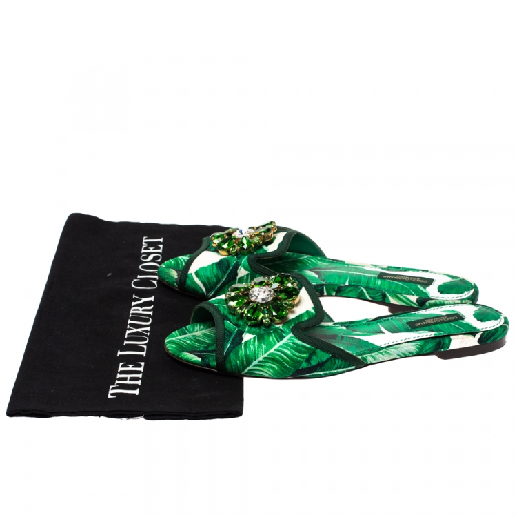 Pre Owned Dolce & Gabbana Green/White Banana Leaf-Print Fabric Crystal Embellished Flat Sandals Size 38