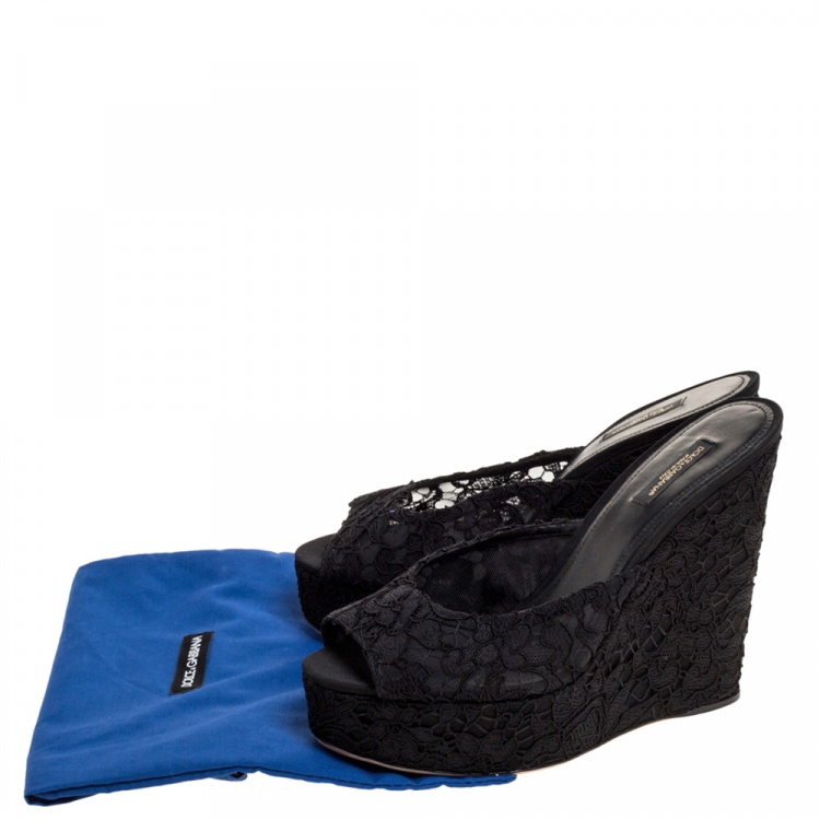 Pre Owned Dolce & Gabbana Black Floral Lace Wedge Platform Slides Size 40