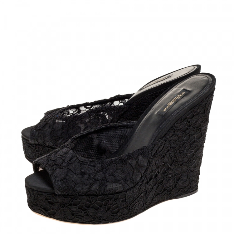 Pre Owned Dolce & Gabbana Black Floral Lace Wedge Platform Slides Size 40