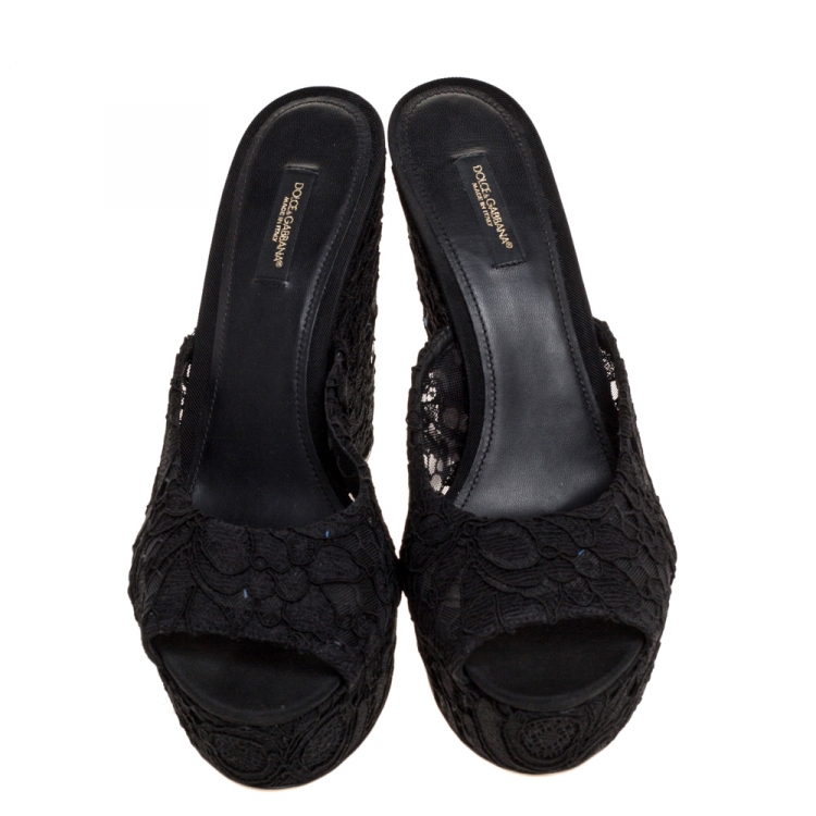 Pre Owned Dolce & Gabbana Black Floral Lace Wedge Platform Slides Size 40