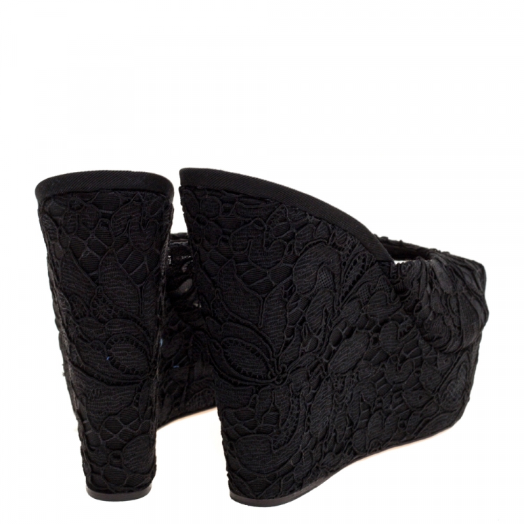 Pre Owned Dolce & Gabbana Black Floral Lace Wedge Platform Slides Size 40