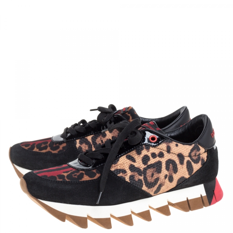 Pre Owned Dolce and Gabbana Multicolor Leopard Print PVC/Suede and Nylon Sawtooth Platform Sneakers Size 39