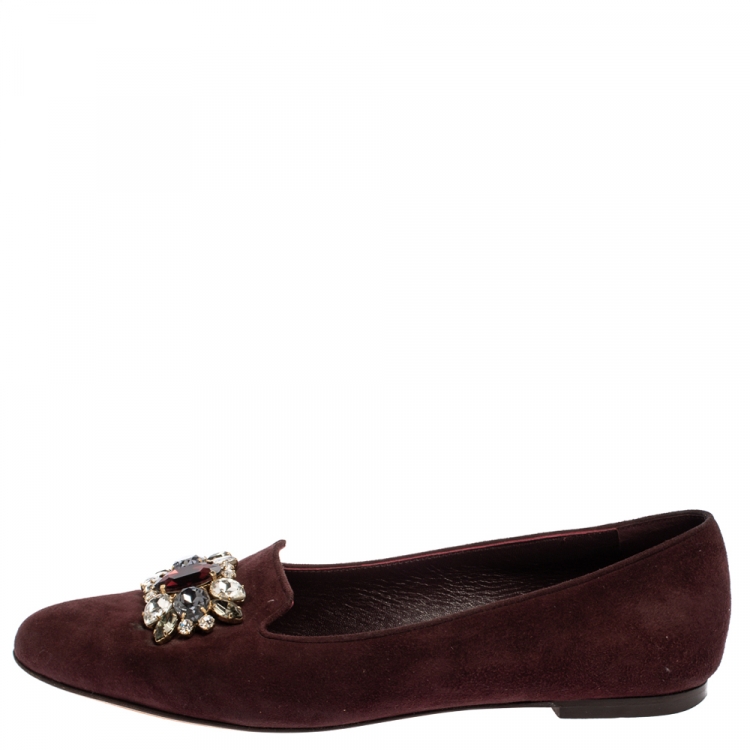 Pre Owned Dolce & Gabbana Burgundy Suede Crystal Embellished Ballet Flats Size 37.5
