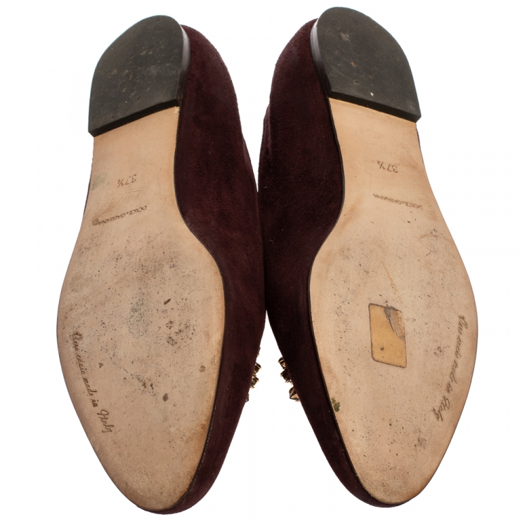Pre Owned Dolce & Gabbana Burgundy Suede Crystal Embellished Ballet Flats Size 37.5