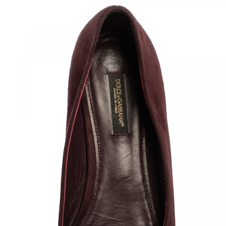 Pre Owned Dolce & Gabbana Burgundy Suede Crystal Embellished Ballet Flats Size 37.5