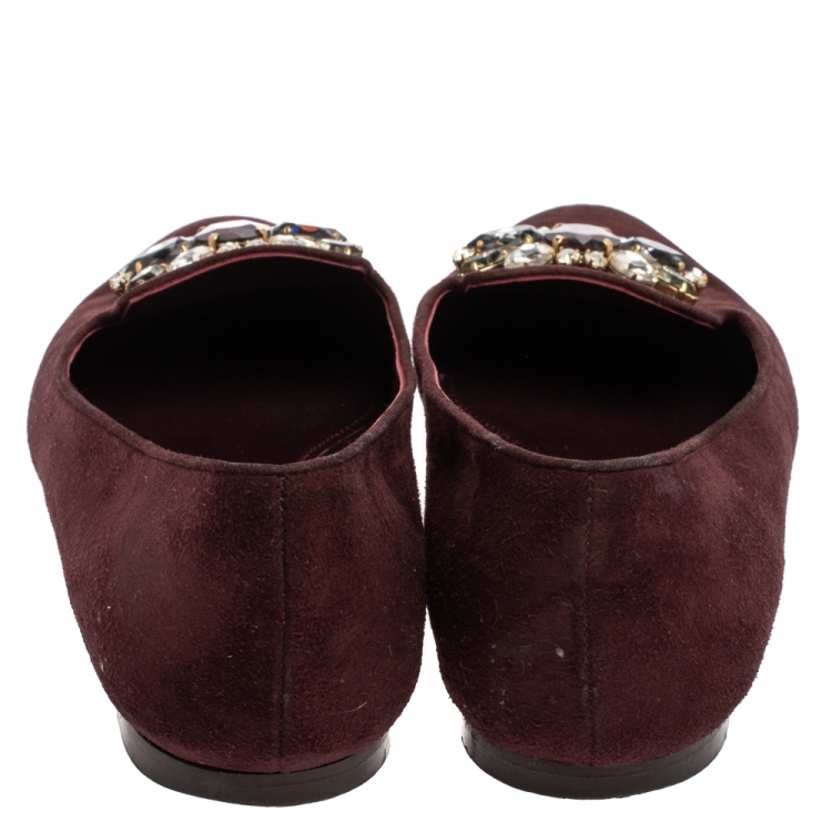 Pre Owned Dolce & Gabbana Burgundy Suede Crystal Embellished Ballet Flats Size 37.5
