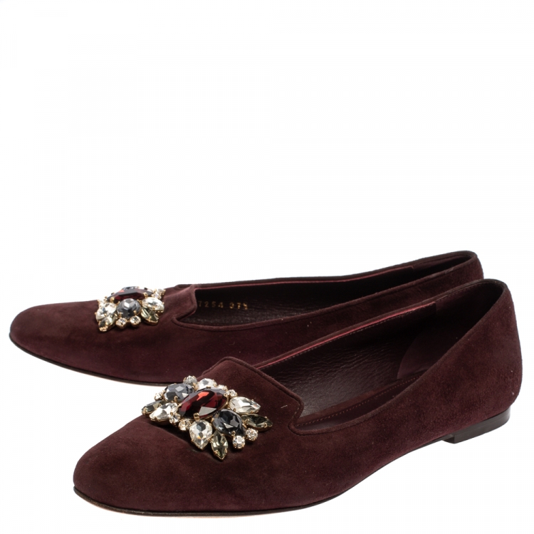 Pre Owned Dolce & Gabbana Burgundy Suede Crystal Embellished Ballet Flats Size 37.5