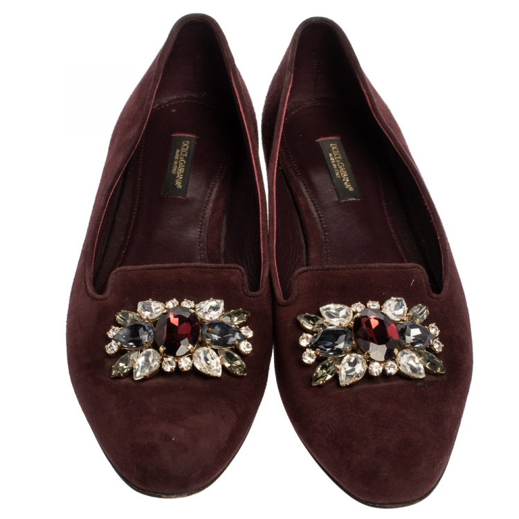 Pre Owned Dolce & Gabbana Burgundy Suede Crystal Embellished Ballet Flats Size 37.5