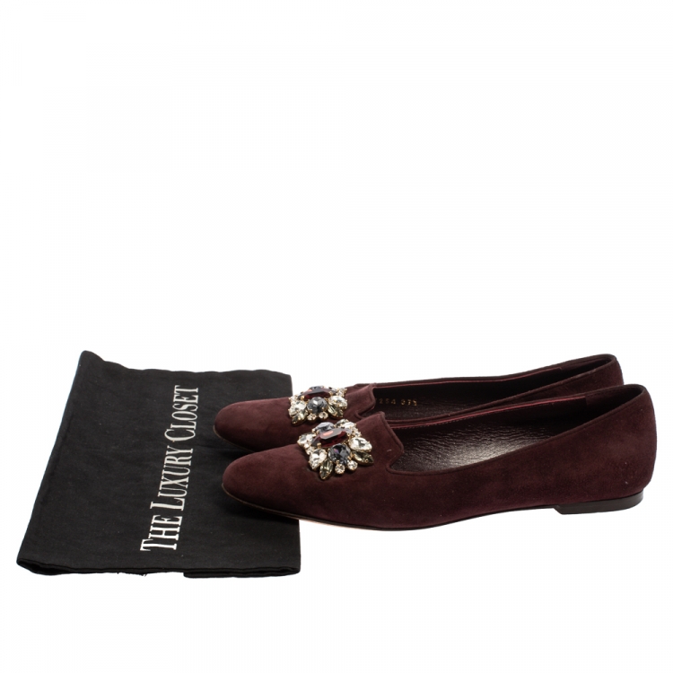 Pre Owned Dolce & Gabbana Burgundy Suede Crystal Embellished Ballet Flats Size 37.5