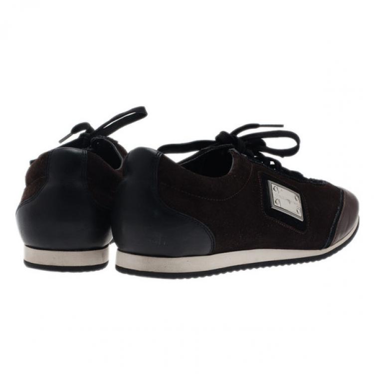 Pre Owned Dolce and Gabbana Brown Suede and Leather Logo Plaque Sneakers Size 42