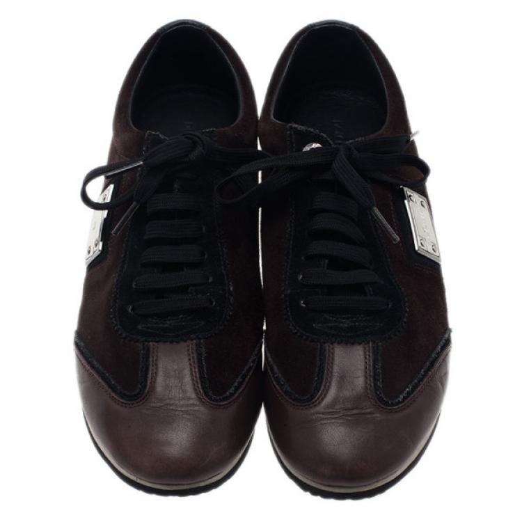 Pre Owned Dolce and Gabbana Brown Suede and Leather Logo Plaque Sneakers Size 42