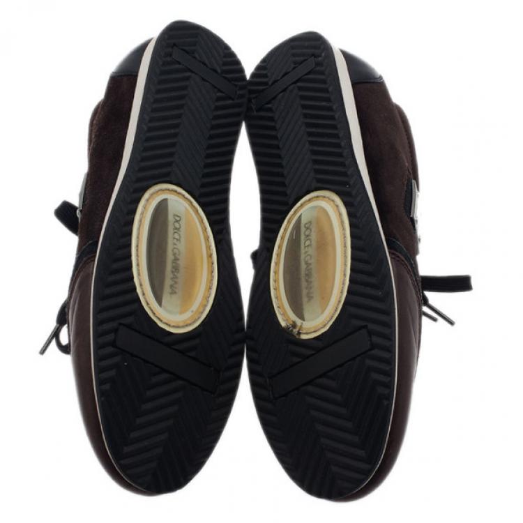 Pre Owned Dolce and Gabbana Brown Suede and Leather Logo Plaque Sneakers Size 42